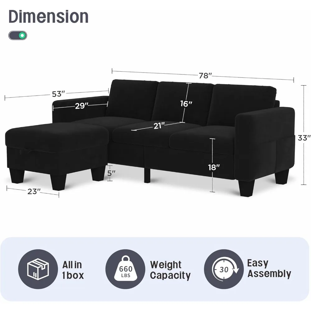 78'' Convertible Sectional Sofa Couch, Black 3 Seat L-Shaped Couch with Storage Ottoman, Modern Velvet Fabric Couches