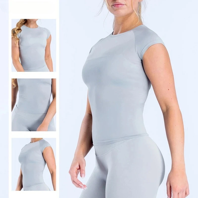 Women Summer Seamless Short Sleeve Yoga Top Workout Gym Crop Top Slim Fit Round Neck Yoga Shirt Sports Stretchy Fitness Shirts image 2