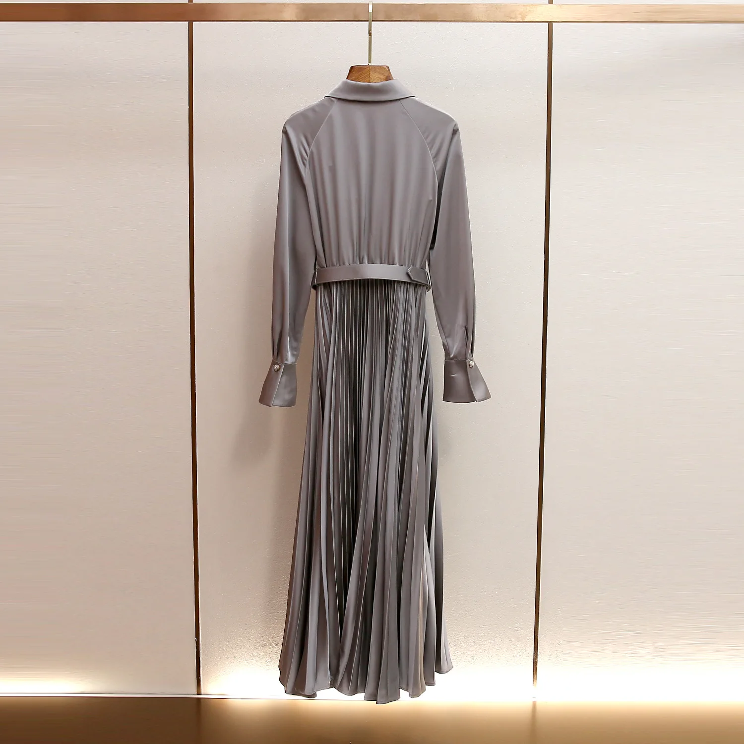 Quality Well High Waist Long Sve Gauze Dr with Belt Ele Satin Fabric A-Line Silhouette Commute Sle Suitable for Spring Autumn