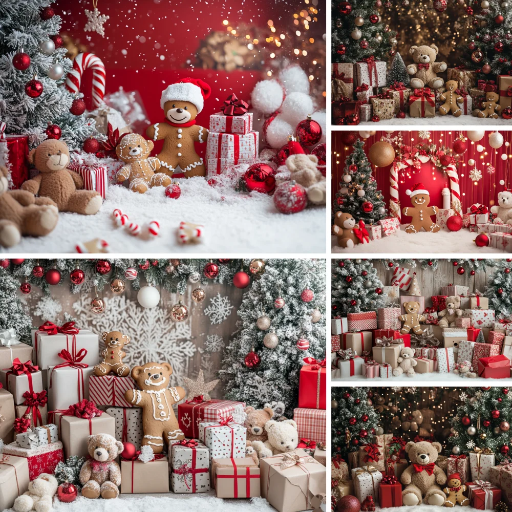 

Christmas Party Photography Background New Year Xmas Tree Little bear Red Wall Decoration Winter Snow Child Photo Backdrop