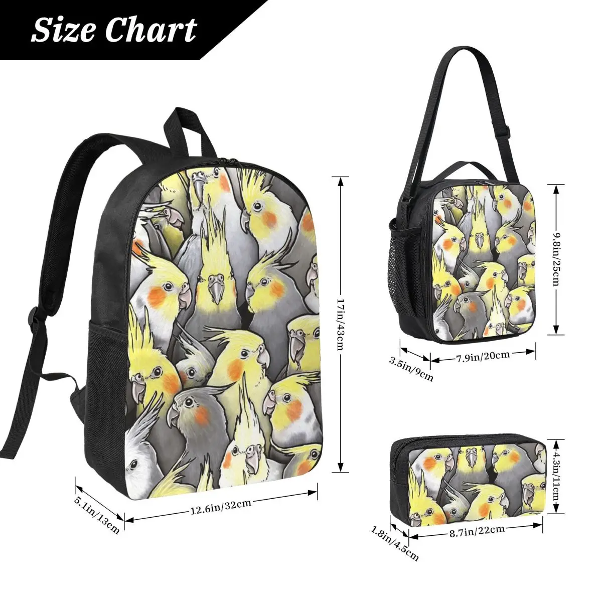 Cockatoo Cockatiel Parrot Galore Backpack BookBag School Bag Computer Shoulder Bags 3ps Insulated Lunch Bag Pencil Case