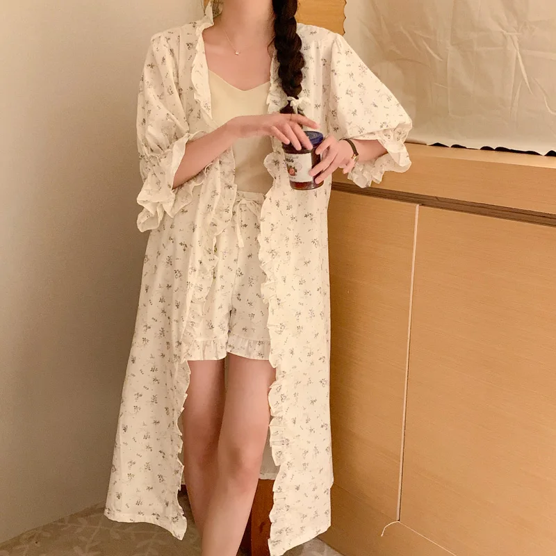 Home Korean Soft Floral Summer Short Sleeve Ruffles Nightgown+ Women Shorts Suit Kawaii Loose Fashionable Print Cute Sleepwear