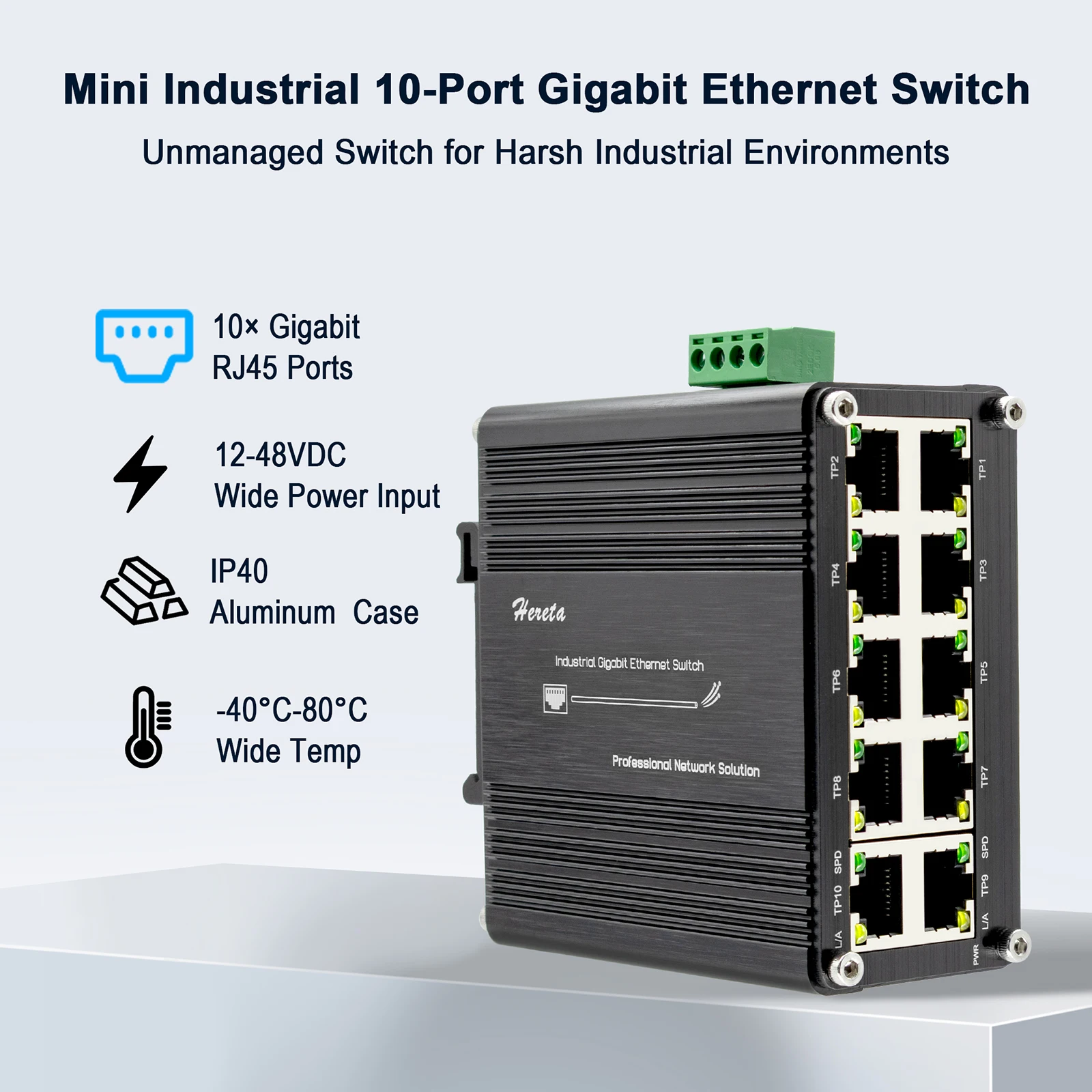 Mini Industrial 10 Ports Gigabit Ethernet PoE Switch 8-Port 10/100/1000T 802.3at PoE + 2-Port 10/100/1000T DIN-Rail Installation