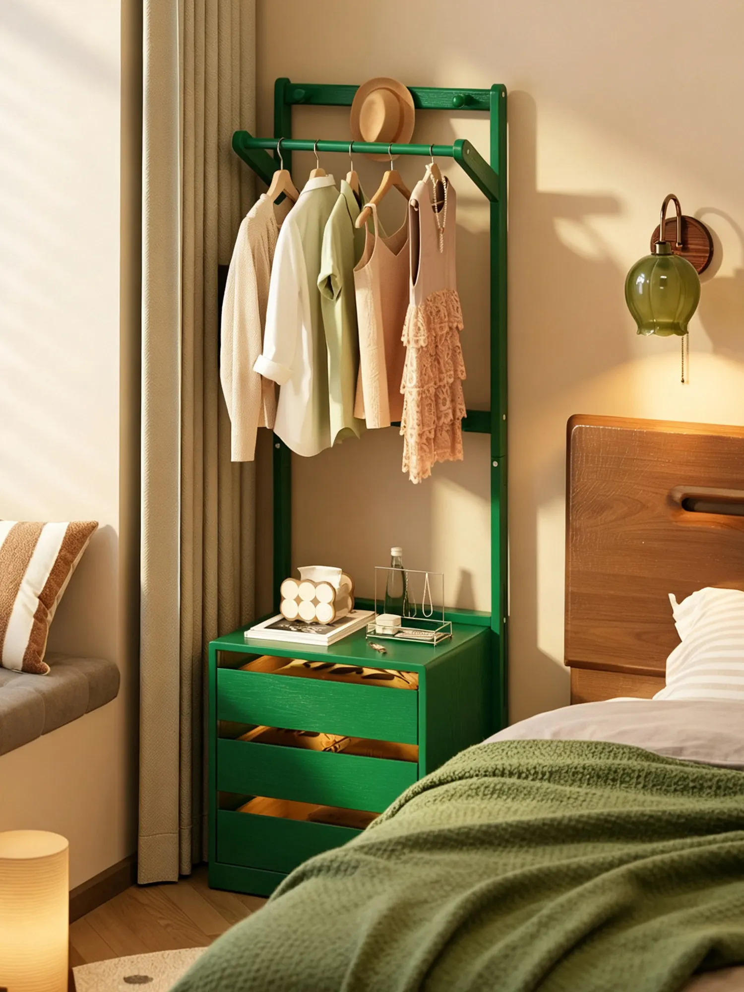 Bedside table, coat rack, integrated floor-to-ceiling solid wood hanger, bedroom second net hanger