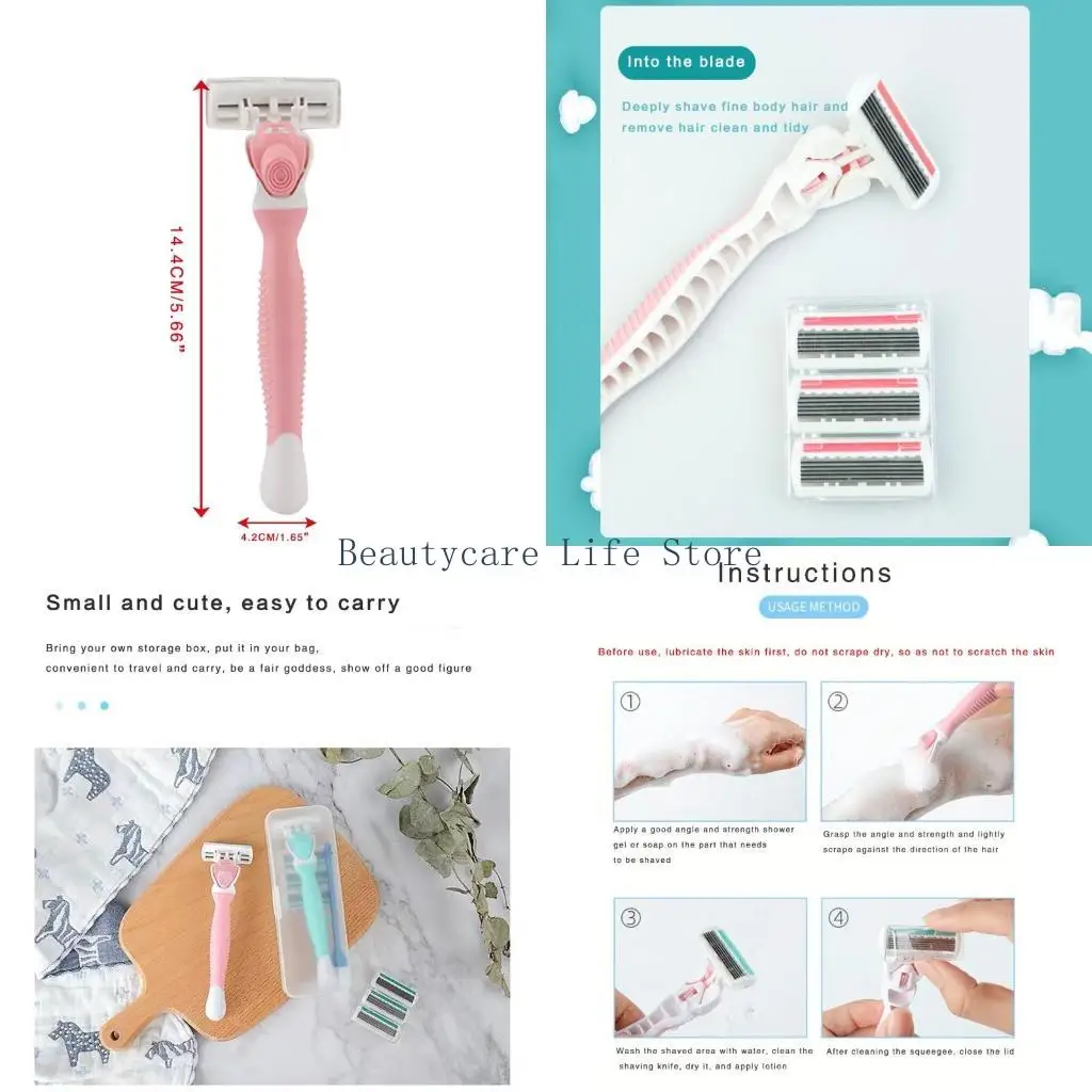 652C Womens 6 Layer Blade for Head Shaving for Razor with Non-Slip Handle 4 Replacement Cartridge Refills Hair Removal Tools
