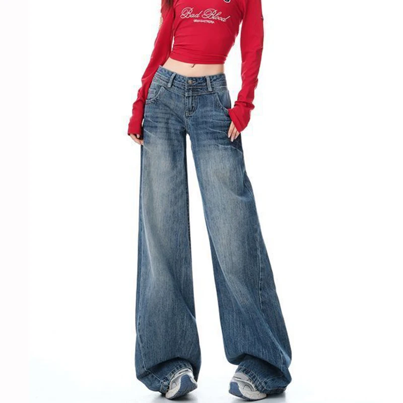 Neue Damen-Chic Vintage Einfarbige Jeans Mädchen Mode Hochgeschnittene Denim-Hosen Damen Designer Ins Koreanische Weite Hosen