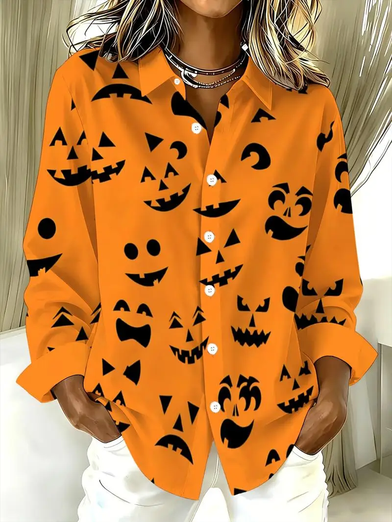 Damen-Halloween-Oberteil mit Kürbisdruck und langen Ärmeln – lustige, an Feiertage angelehnte Modeoberteile für Damen. – Detail 1