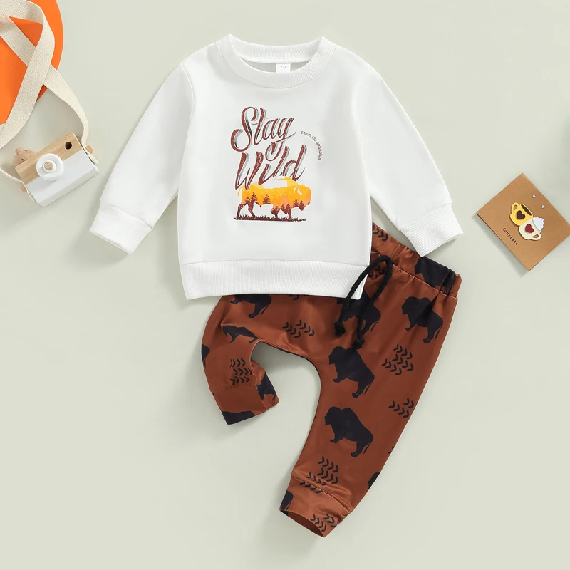 Baby Boy Clothes Sets Infant Letter Print Long Sleeve Sweatshirts Tops and Cow/Cowboy Hat/Cattle Head Print Long Pants 2Pcs Suit