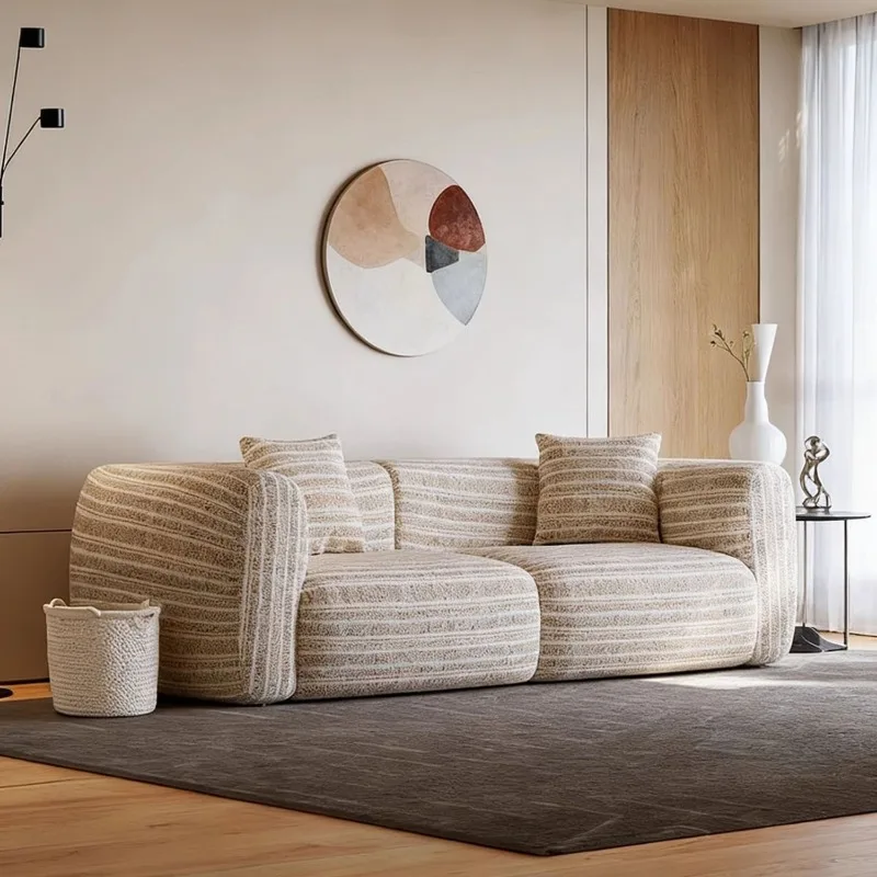 retro fabric sofa, small apartment living room cream wind straight row can be fully dismantled and washed large white sofa
