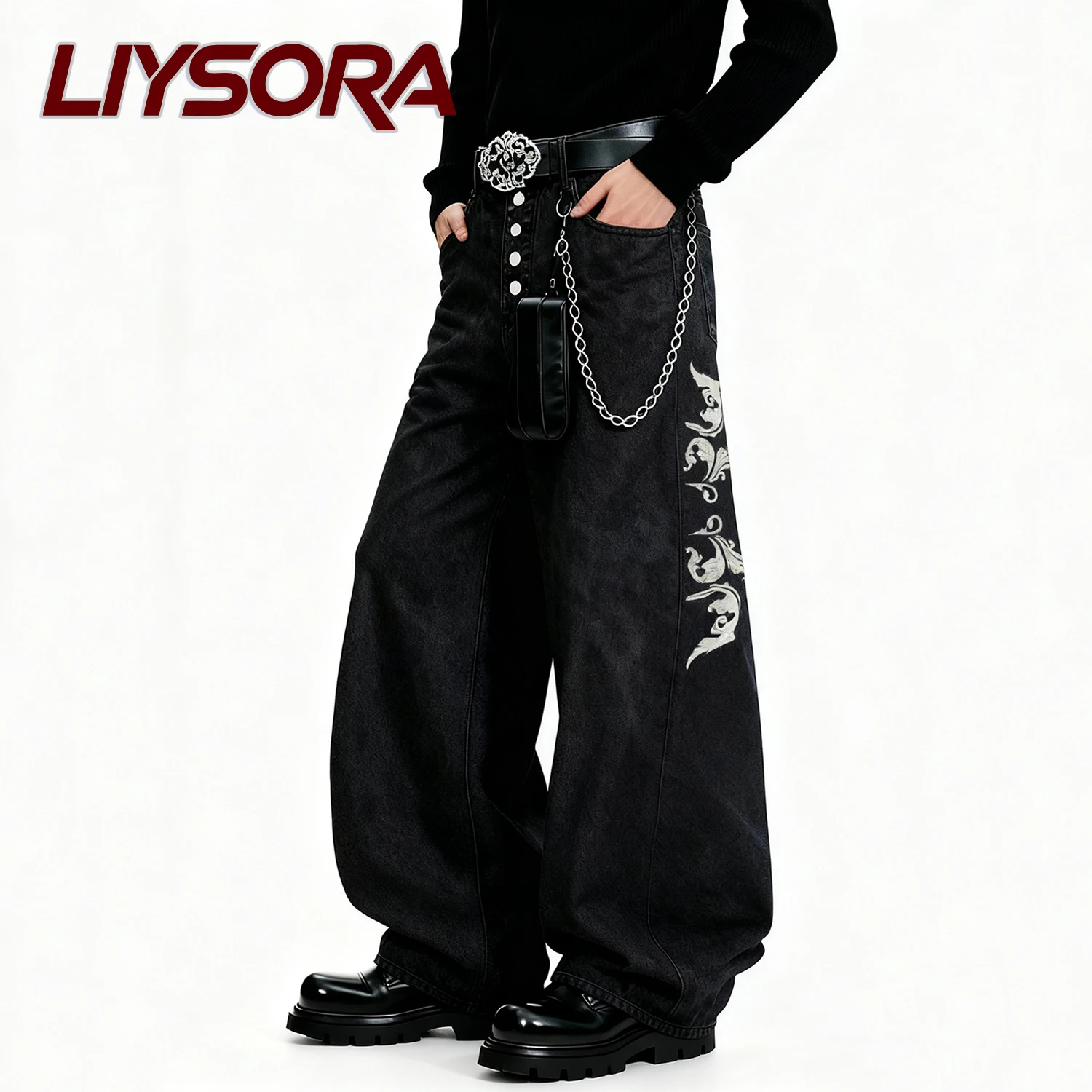 الأمريكية الرجعية الشارع الرجال فضفاض واسعة الساق الجينز أجنحة التطريز زر تصميم الهيب هوب باد بوي فضفاض الدنيم السراويل للجنسين الملابس