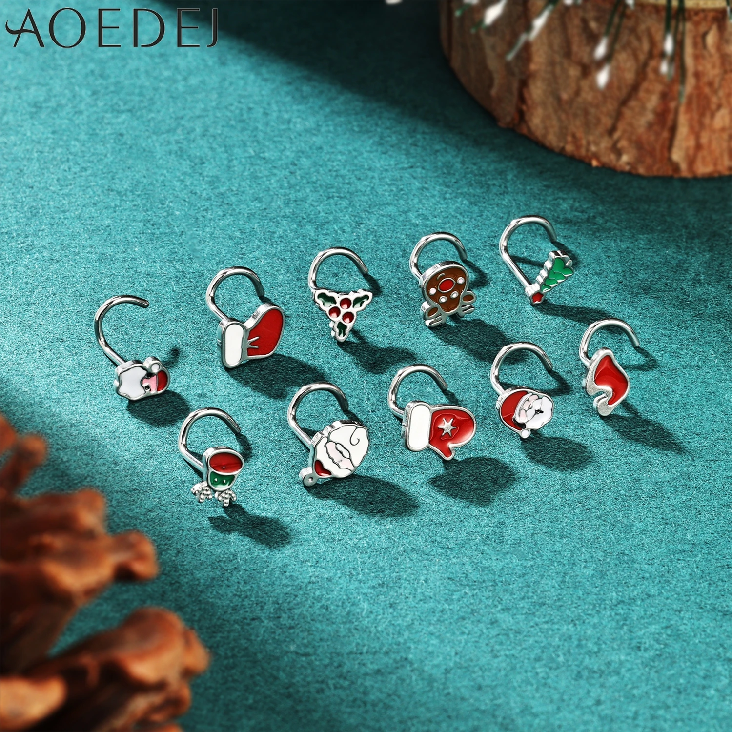 AOEDEJ 10pcs/lot 20G Lovely Stainless Steel Nose Studs Women Men Nose Rings Santa Claus Deer Christmas Tree Nostril Piercing 7MM
