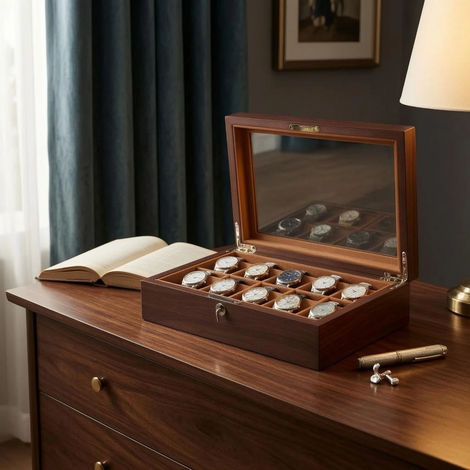 Glass Lid Watch Display Box Padded Compartments Wooden Watch Display Case Divider Inserts Wood Grain