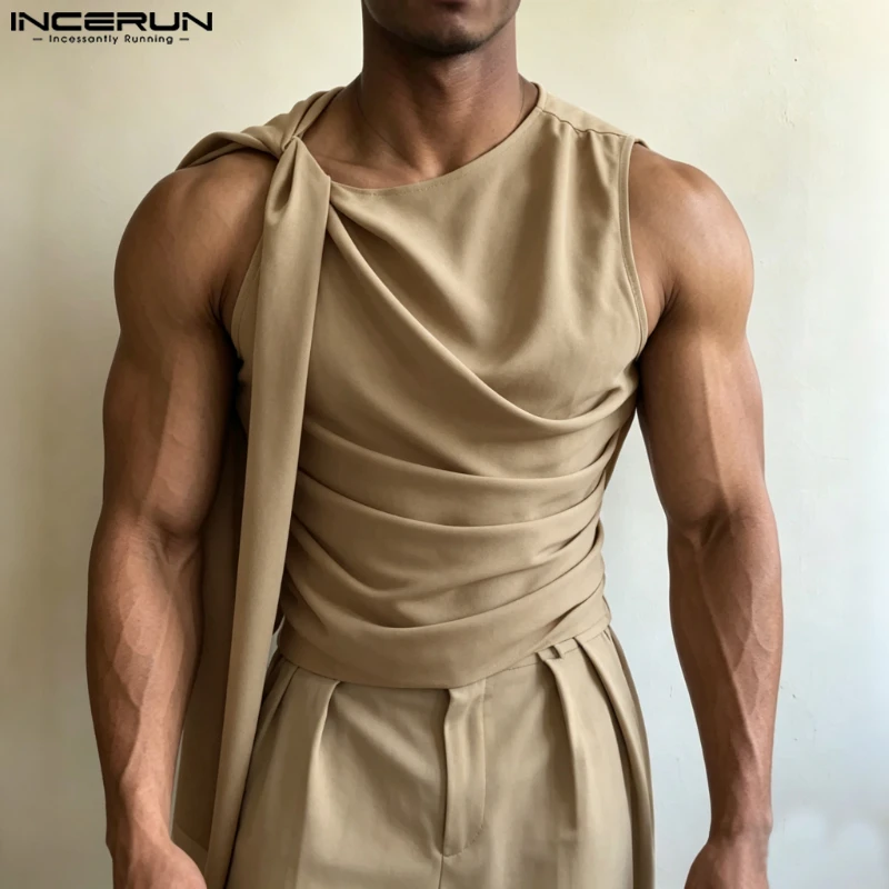 INCERUN Herren Tanktops Einfarbig O-Ausschnitt Ärmellos Sommer Unregelmäßige Oberteile für Männer Streetwear Plissierte Mode Lässige Herrenbekleidung Westen