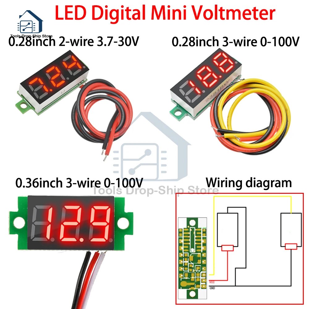 DC Voltage Display Mini Digital Voltmeter 0.28 Inch 2/3-Wire DC 0-100V 3.7-30V Digital Voltmeter Voltage Tester Red Green