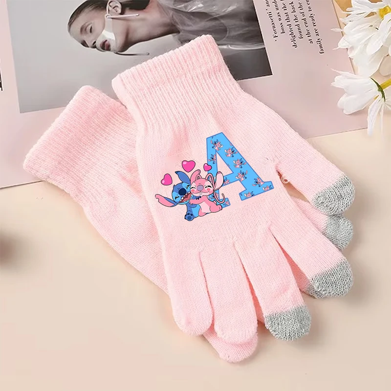 Stitch Disney Girls Boys Gloves Letter A-Z Children Screen Gloved Winter Warm Cartoon Anime Accessories Kids Birthday Cute Gifts