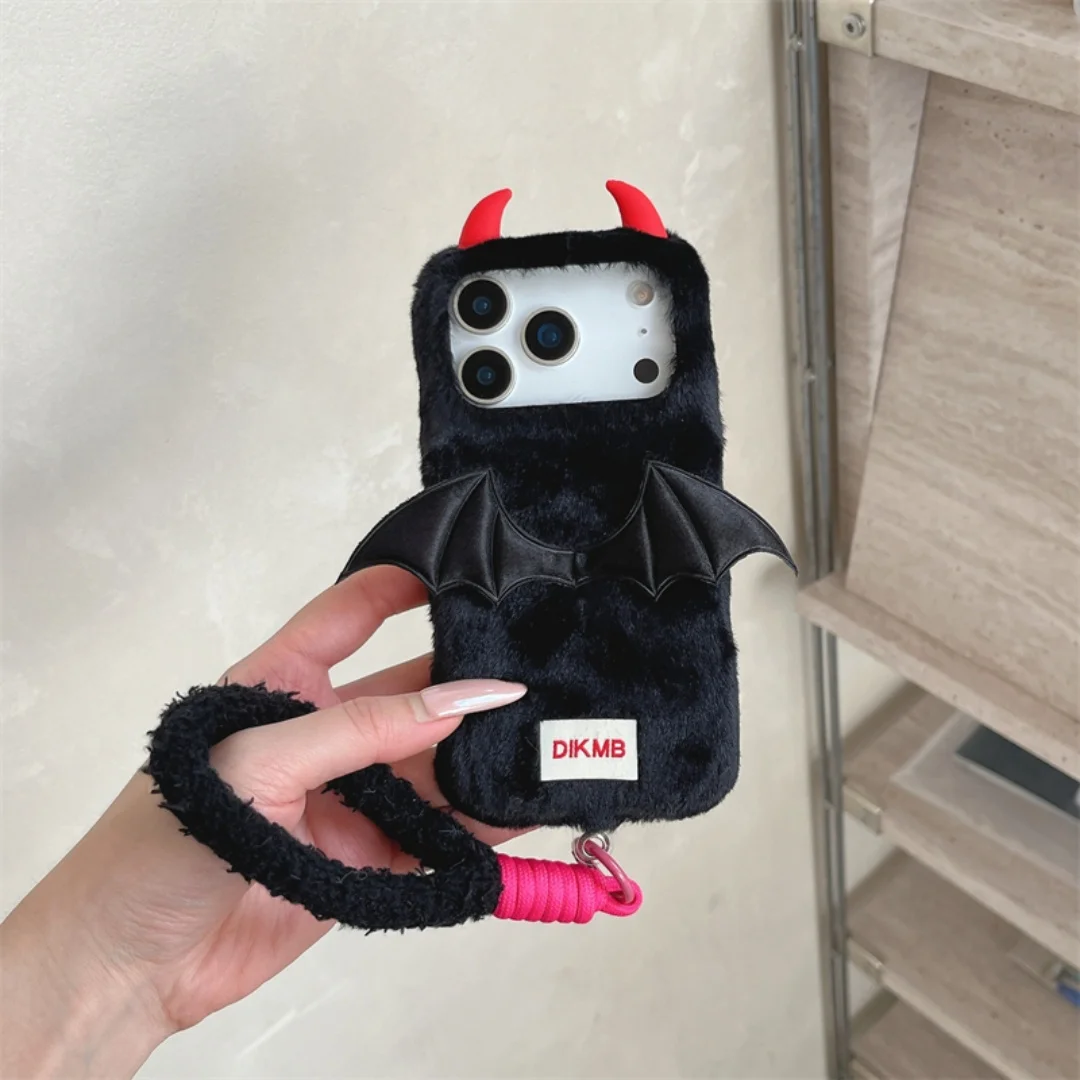 

INS Style Plush Angel Girl Black Wing Phone Case For iPhone 16E 17 16 15 14 13 Pro Max Mini Plus Cover with lanyard