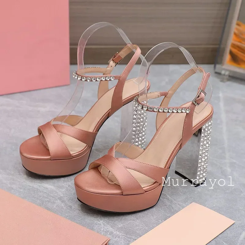 Sandals Silk Satin Platform Sandalias Mujer Women Rhinestone Decor Chunky High Heels Summer Party Dress Shoes Wedding Shoes view 5