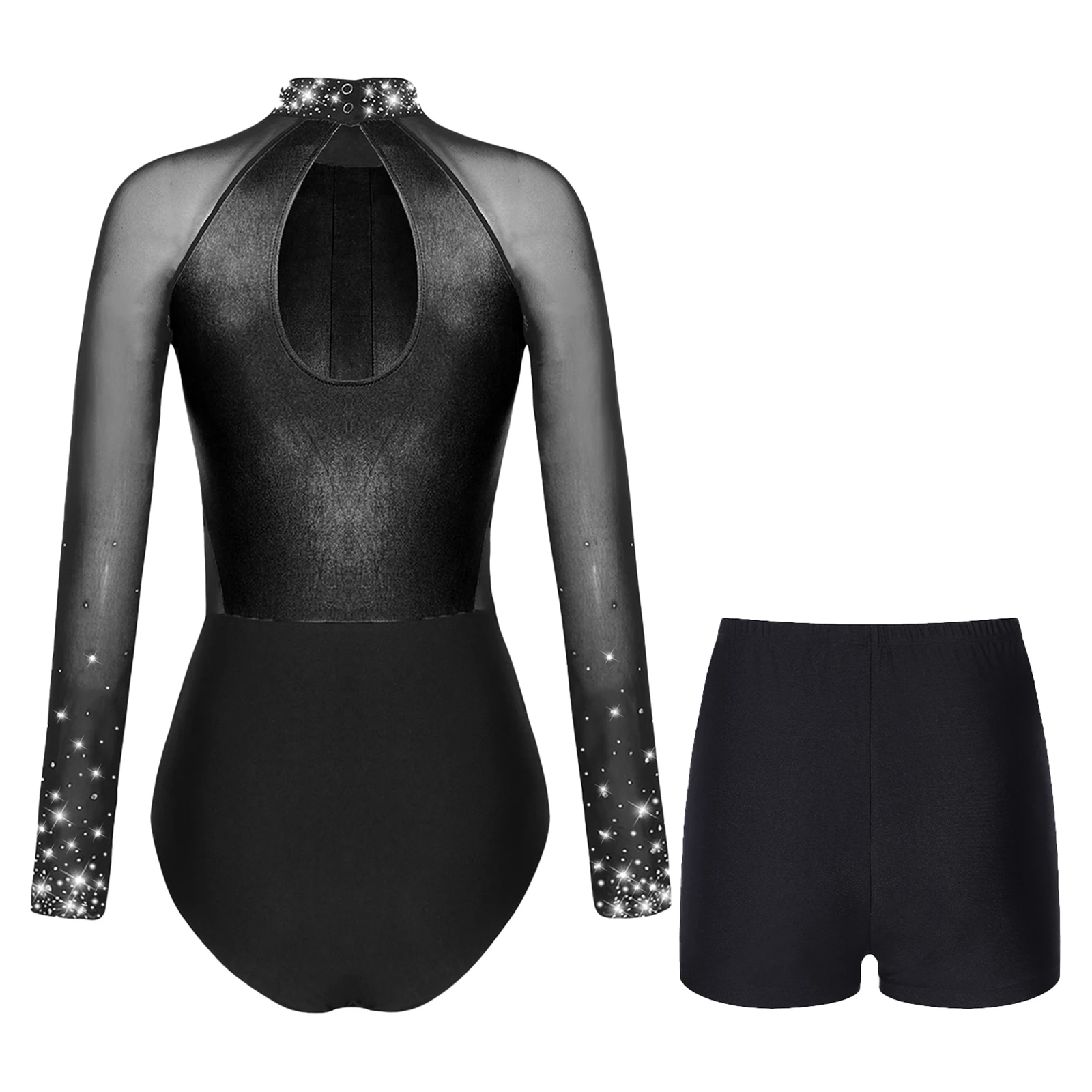 Women Figure Skating Leotard Set Long Sleeve Rhinestones Sheer Mesh Bodysuit with Shorts for Gymnastics Ballet Dance Acrobatics