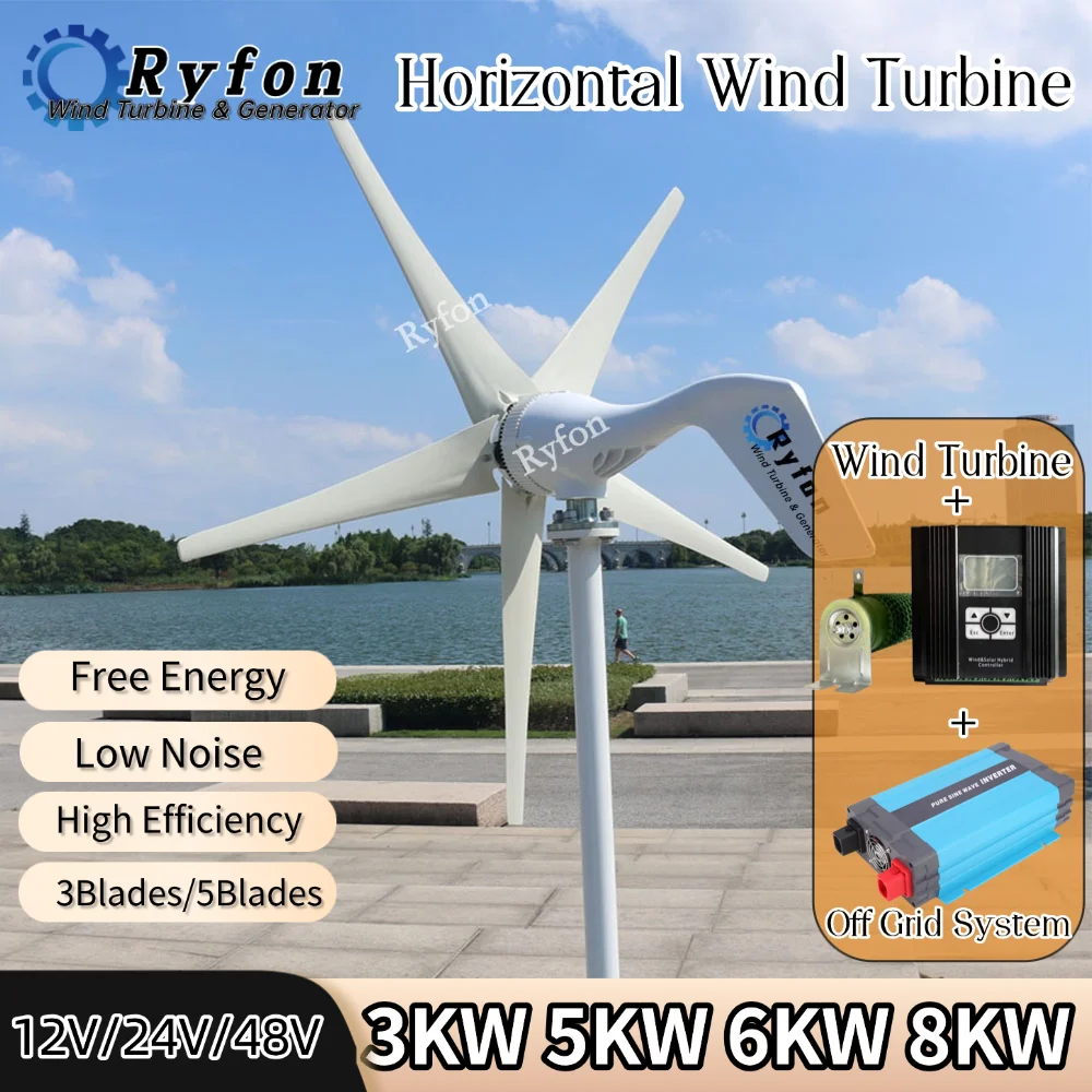 Free Energy 5KW 8KW Horizontal Wind Turbine Permanent Magnet Generator 48V 3Phase AC With Off Hybrid Charge Controller For Home