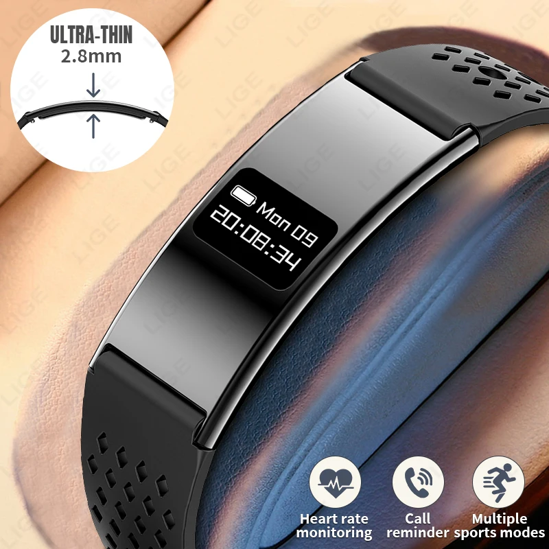 LIGE New Ultra-thin Smart Bracelet Heart Rate Fitness Tracker IP68 Waterproof Watches Pedometer Call Reminder Ladies Smart Watch