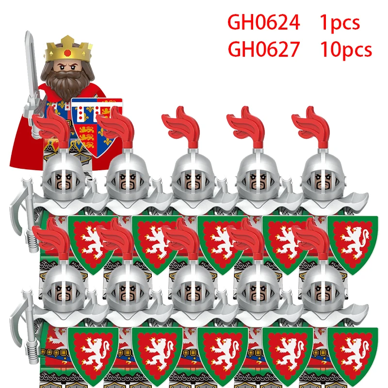 MOC – blocs de construction de roi militaire médiéval, figurines de soldats, cadeaux, boucliers, casques, cœur de lion, chevaliers teutoniques, agriculteur Militiaman