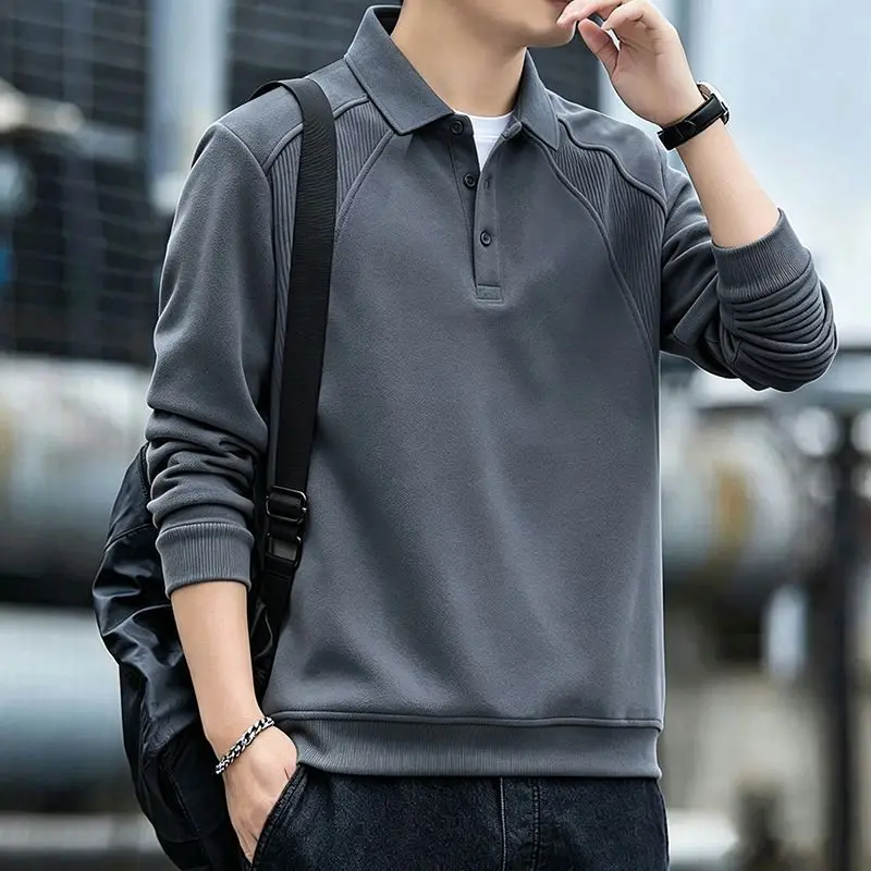 Mens American Style Turn Down Collar Polo Shirt Spring Autumn Loose Slim Look Long Sleeve Casual Pullover Tops