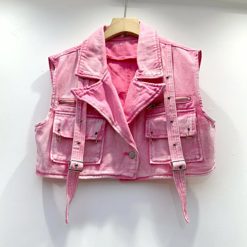 

Women Solid Cargo Denim Vests Jacket Multi Pockets Turn Down Collar Sleeveless Buckle Ribbon Single Button Jeans Coat Streetwear