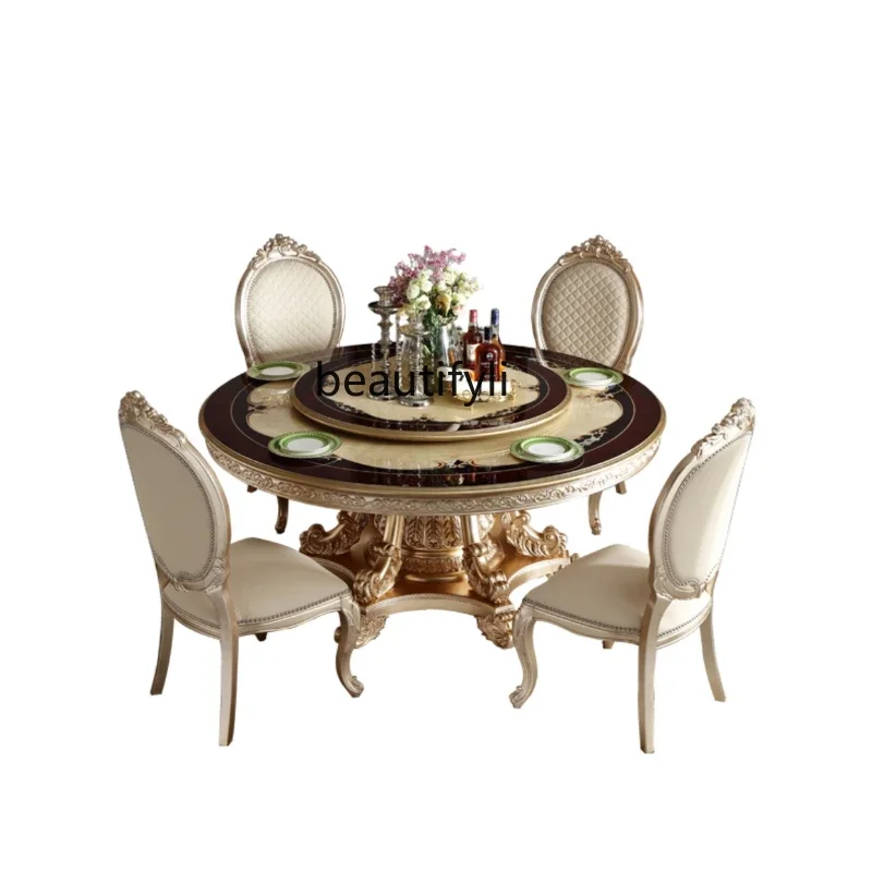 

French Luxury Wood Carving round Table European Court Luxury Turntable Dining Tables and Chairs Set