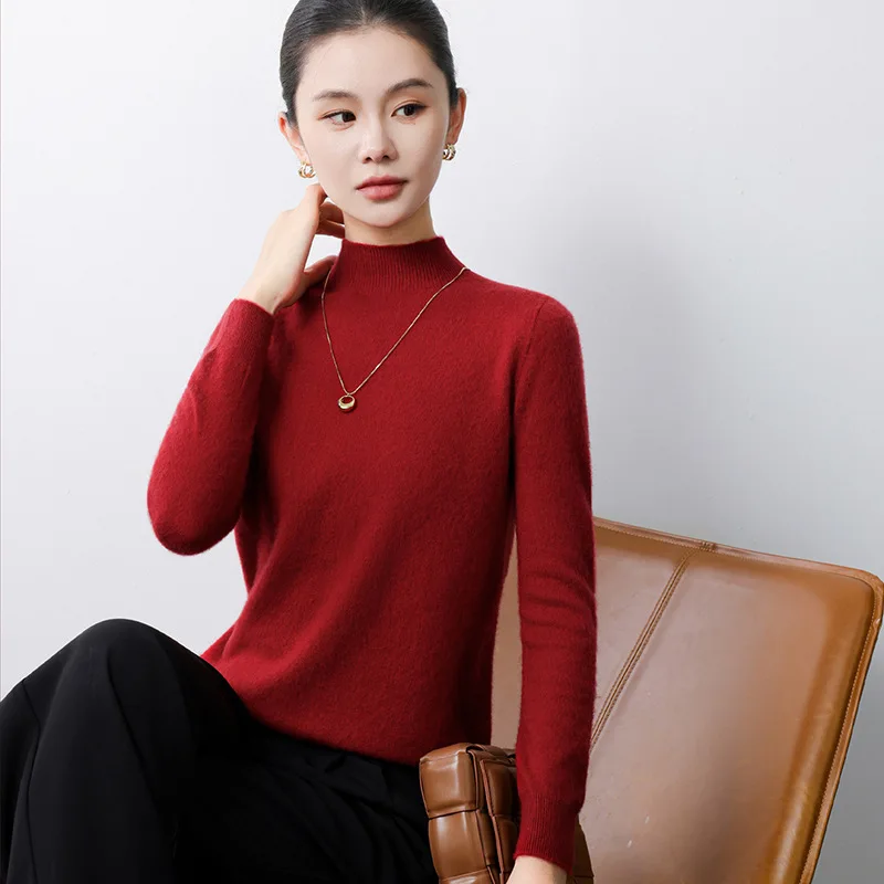 Women Solid Color Mock Neck Knit Sweater Autumn Winter Loose Basic Pullover Plus Size Inner Tops
