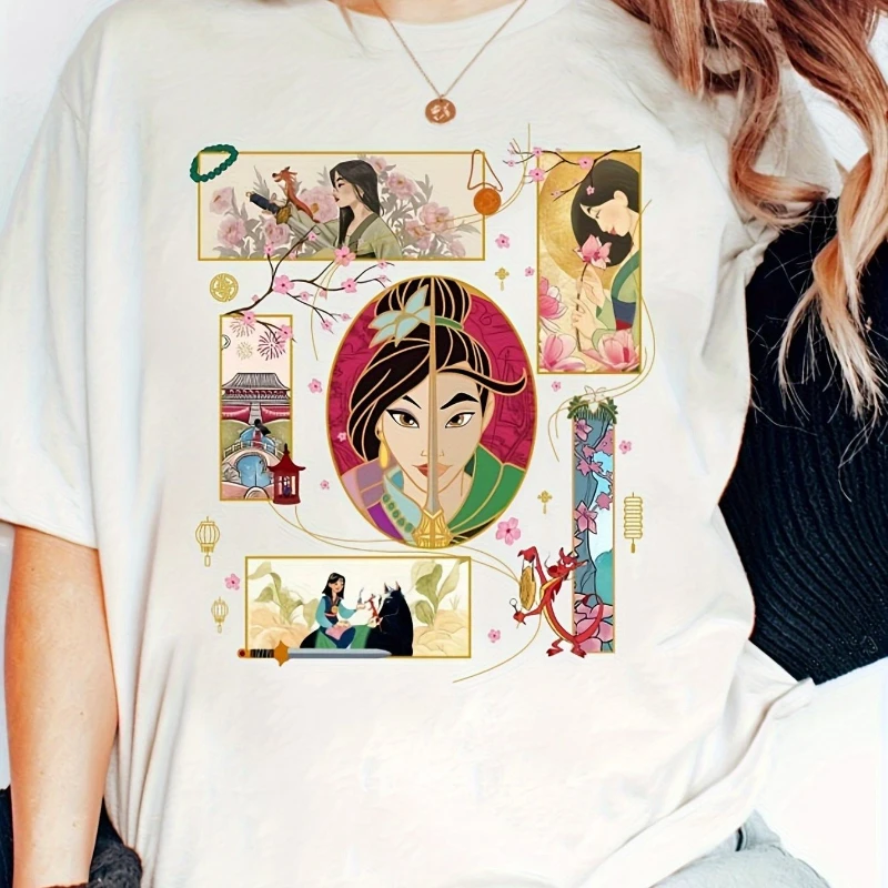 

Disney Mulan Princess and Little Dragon Pattern Women's T-shirt Summer New Casual Men's and Women's Street Wear