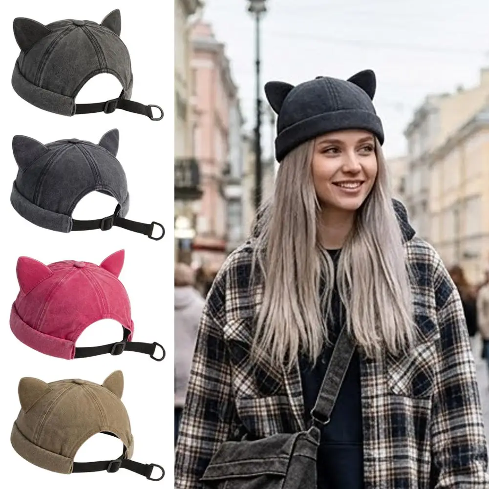 Cat Ears Landlord Hat Washed Cotton Breathable Beanie Cap Solid Color Retro No Brim Docker Hat Men Women Streetwear Y2K