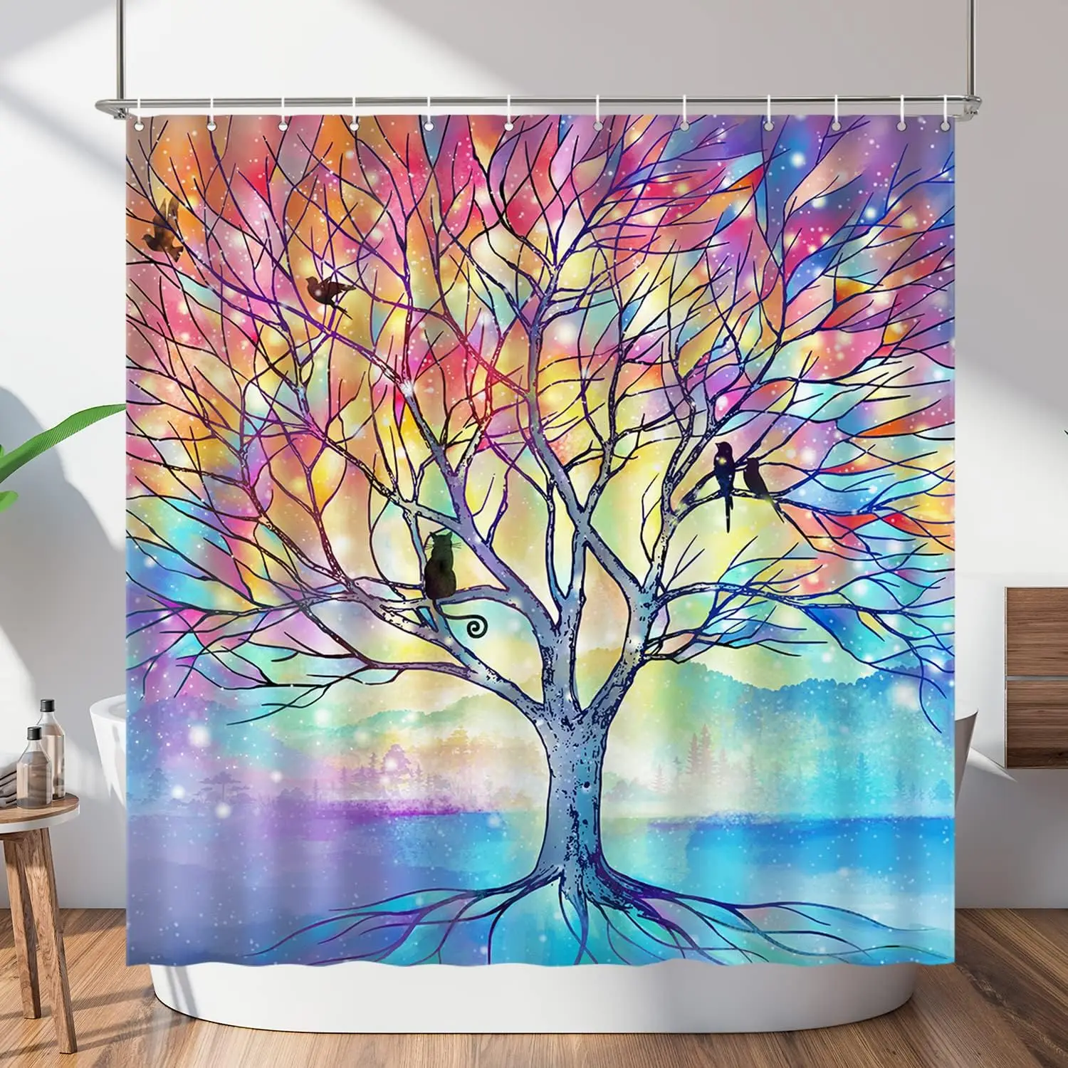 

Galaxy Tree Shower Curtain Cosmic Art Rainbow Colors Birds Fantasy Design Dreamy Scene Bath Decor Waterproof Fabric Spiritual