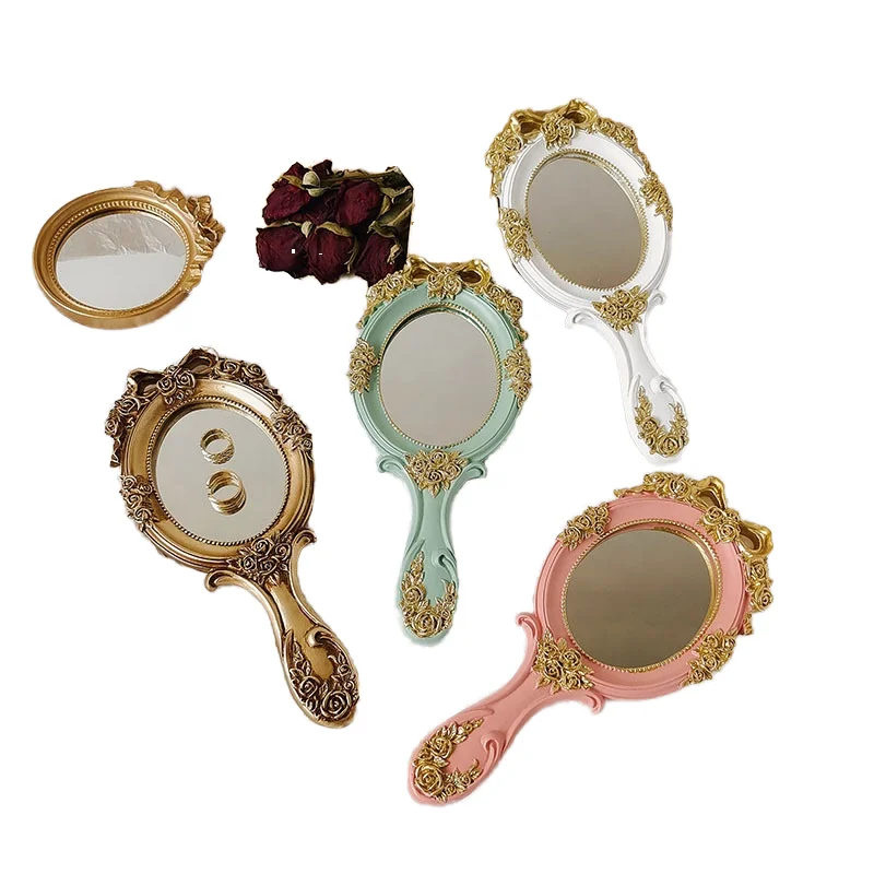 Handheld Mirror,Gold Antique French Vintage Hand Mirror,Retro Oval Makeup Mirror for Gift,High Definition Clear