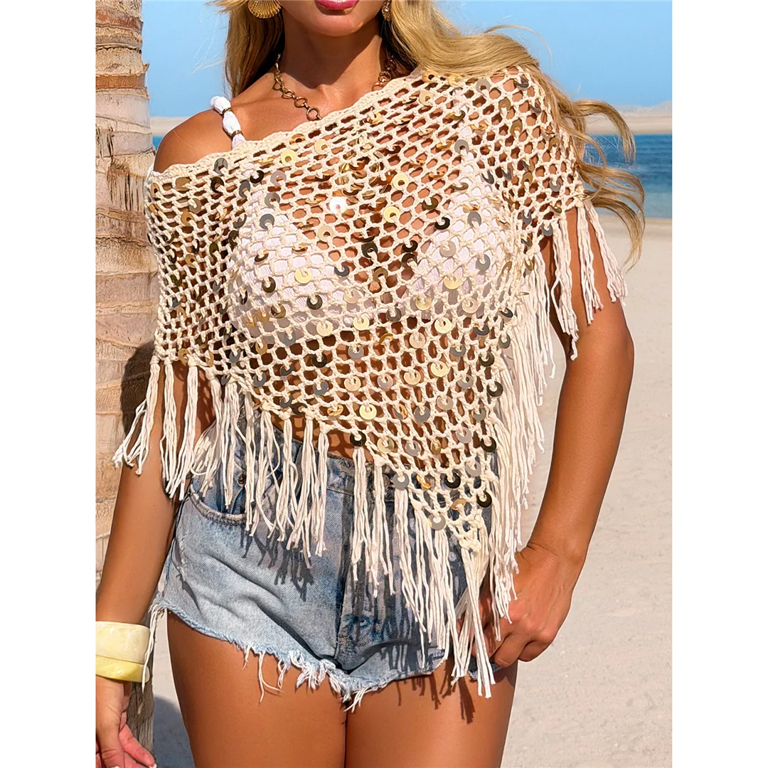 XS - XL Quasten Pailletten Einfarbige Häkel- und Strick-Tunika Strand-Überwurf Strandtop Strandkleidung Damen V8287 – Detail 5