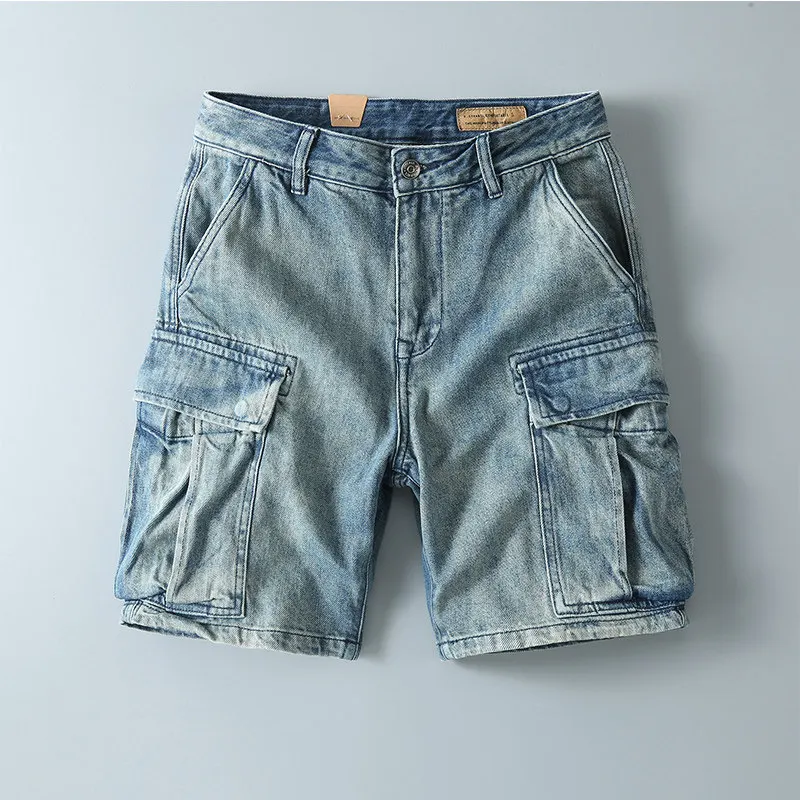 Summer New American Retro Multi-pocket Denim Cargo Shorts Men's Fashion 100% Cotton Washed Old Straight Casual 5-point Pants