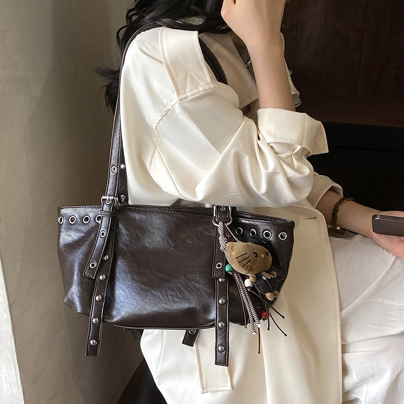 Y2K Retro Rivet Tote Bags for Women Soft Crinkle PU Leather Shoulder Handbag Large Capacity Vintage Underarm Shopping Armpit Bag