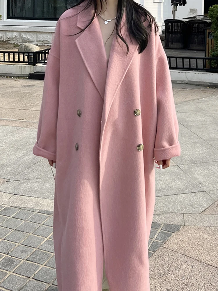 

New Simple Double-sided Cashmere Wool Coat Women Long Autumn Winter Loose Double-breasted Woolen Coat Tide Lace-up Tweed Jacket