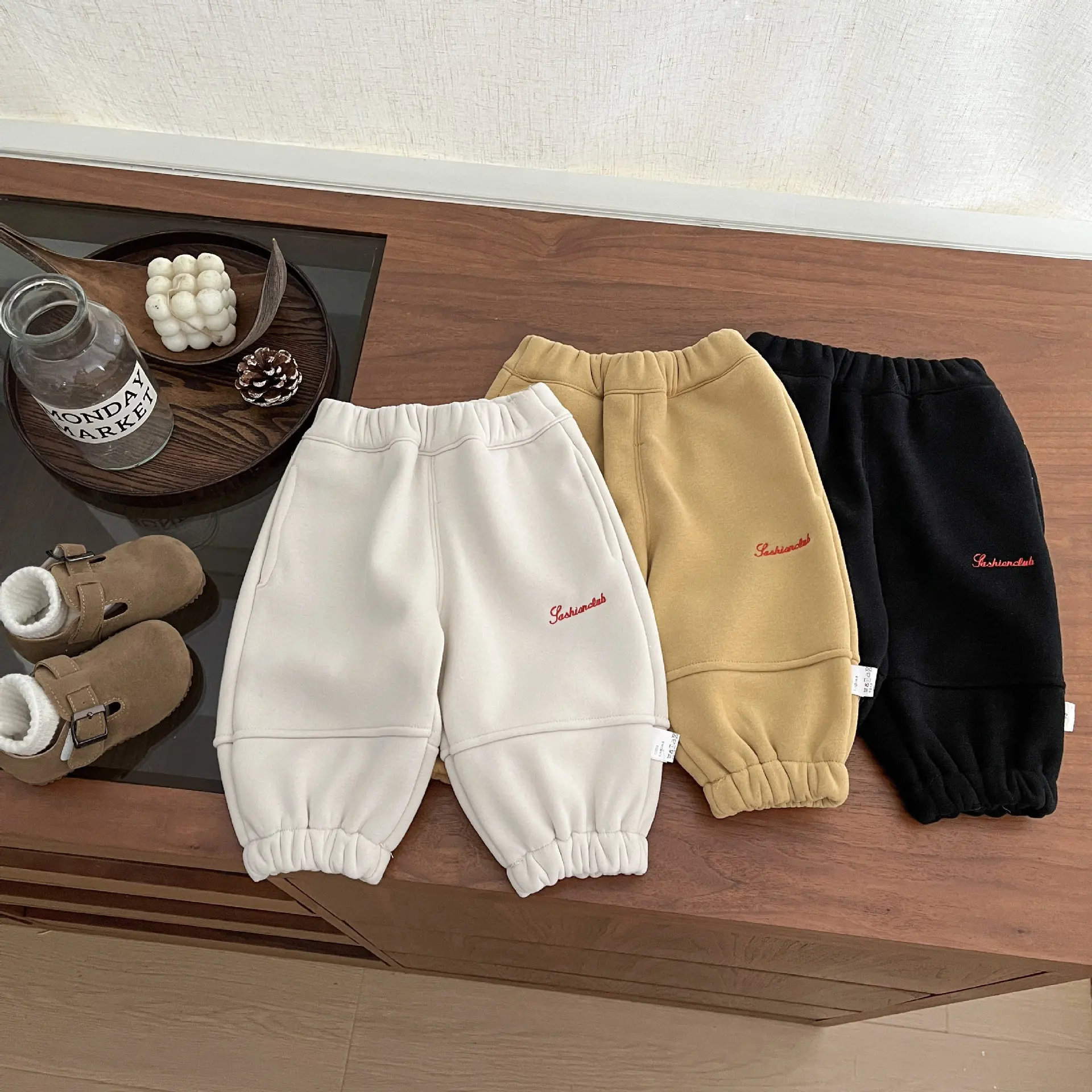 

Pants Embroidered Fleece-lined Sweatpants Boys Grils Children Winter New Korean All-matched Sporty Casual Solid Soft