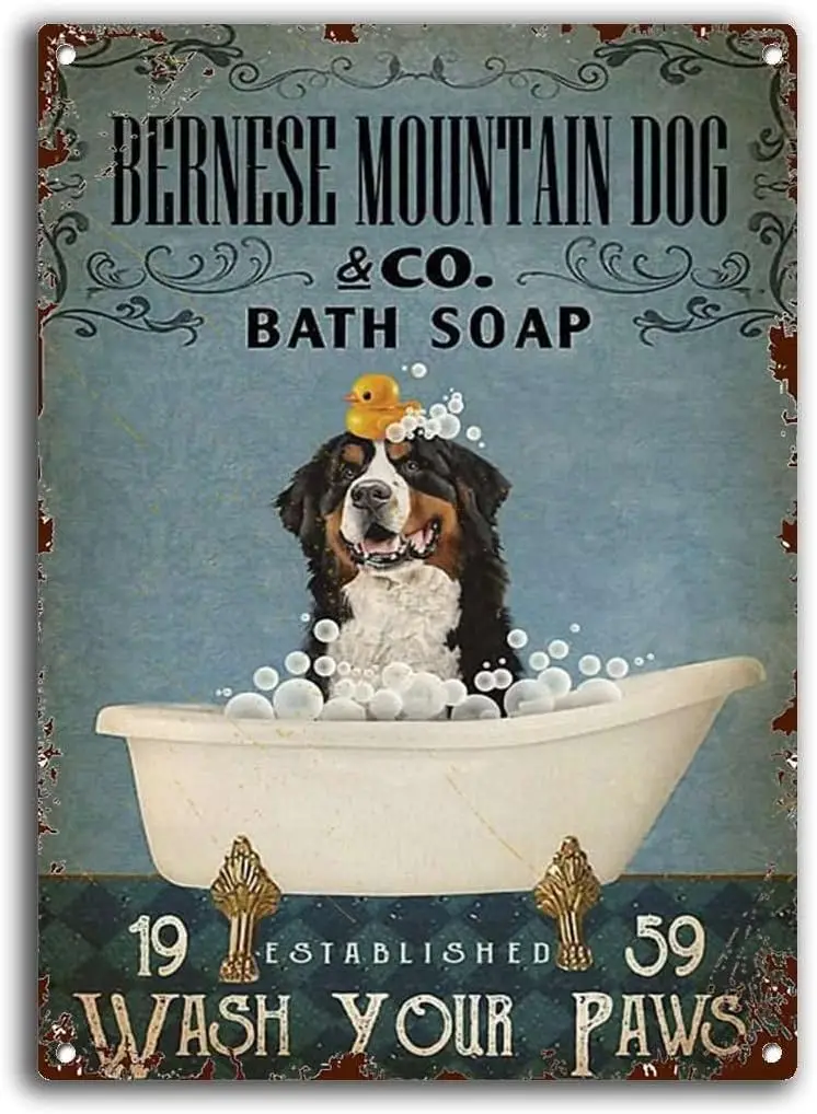 Metal Decoration for Wall Retro Tin Sign Bath Soap Bernese Mountain Dog Bathroom Art Funny Creative Novelty Vintage Decor