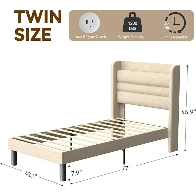 Twin Bed Frame with Charging Station, Type-C & USB Ports, Linen Upholstered Twin Size Bed Frame