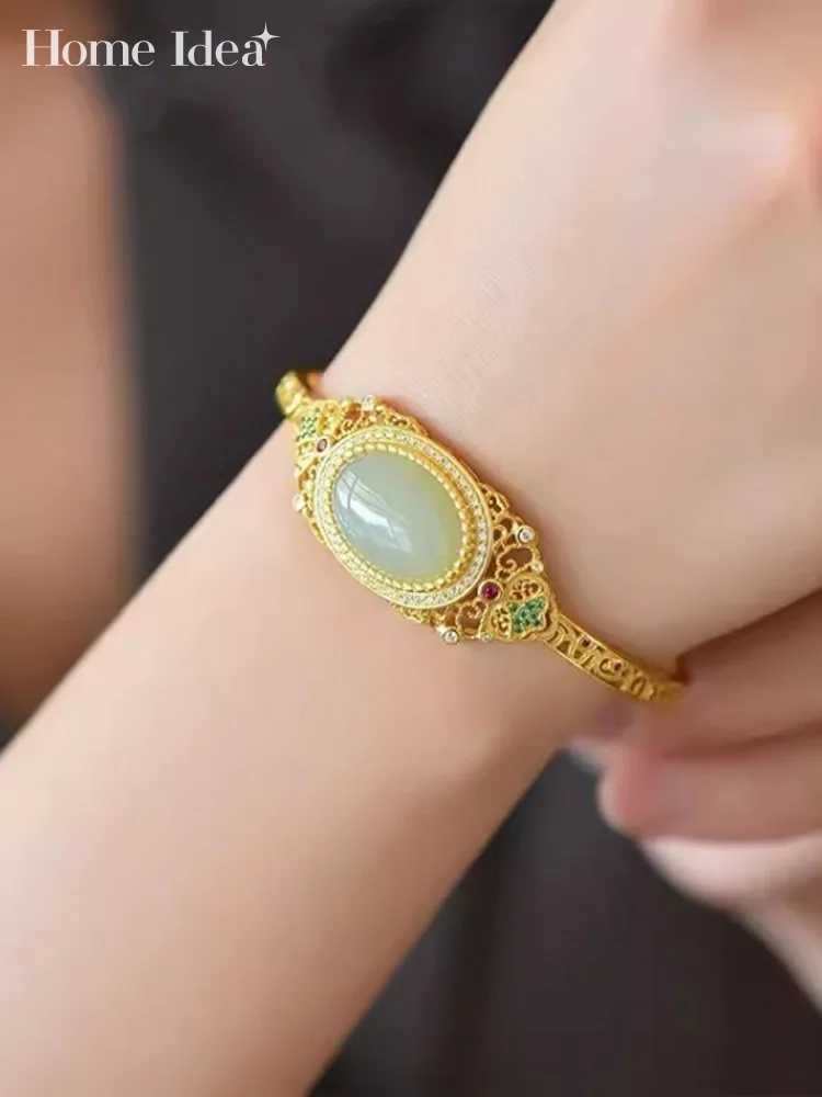 

Women Vintage Natural Jade Cuff Bracelet S925 Silver Gilding Adjustable Bracelets Birthday Gift Jewelry