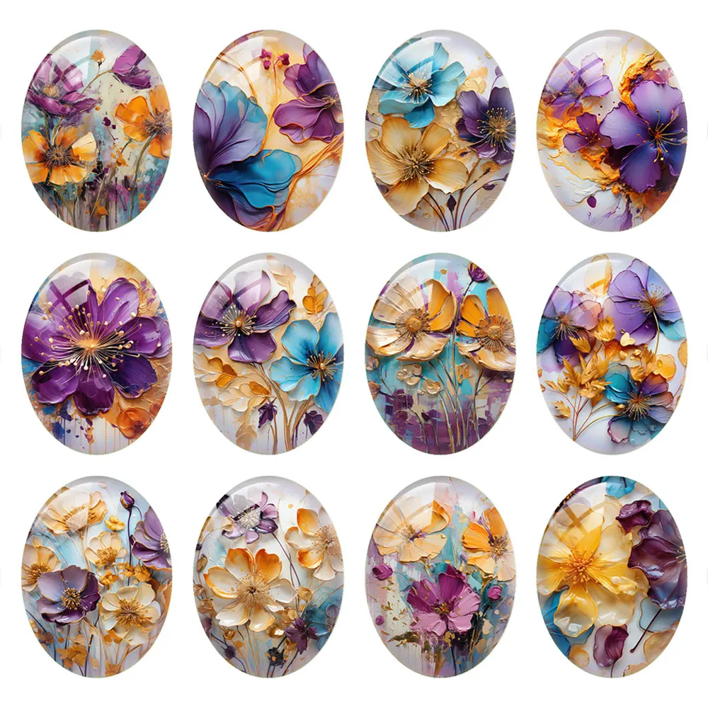 10pcs/lot Oval Photo Glass Cabochon Yellow Purple Flower Flatback Charms Demo Flat Back Cameo For Diy Jewelry Making Accessories