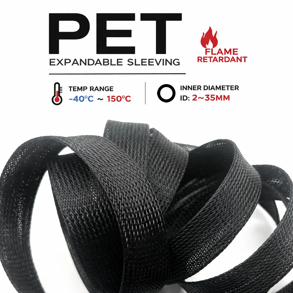Black Flame-retardant PET Braided Sleeve ID 2-35mm Flexible/new energy wire harness insulation protective sleeve