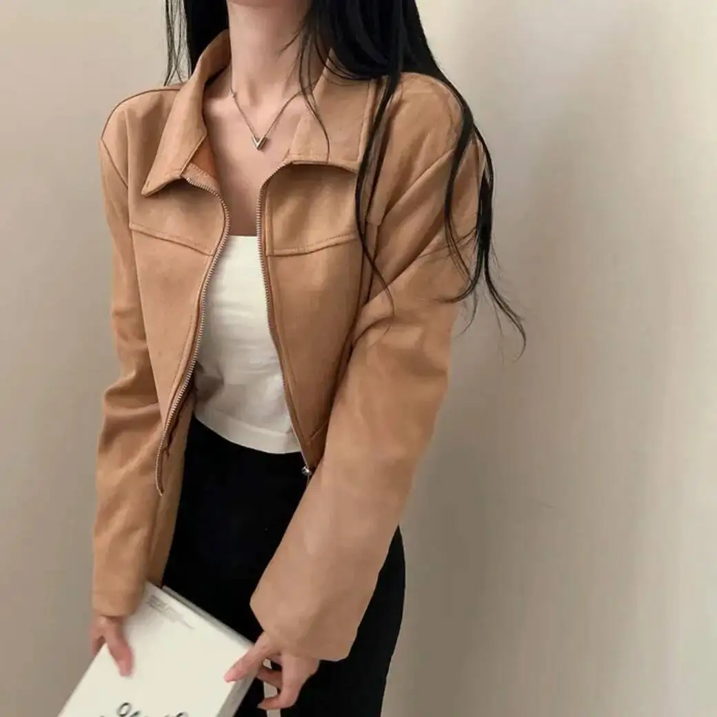 

Chic Ort Women's Leather Velvet Autumn Winter Loose Fit Simple Versatile Slimming Top Quali Fabric Zipper Closure