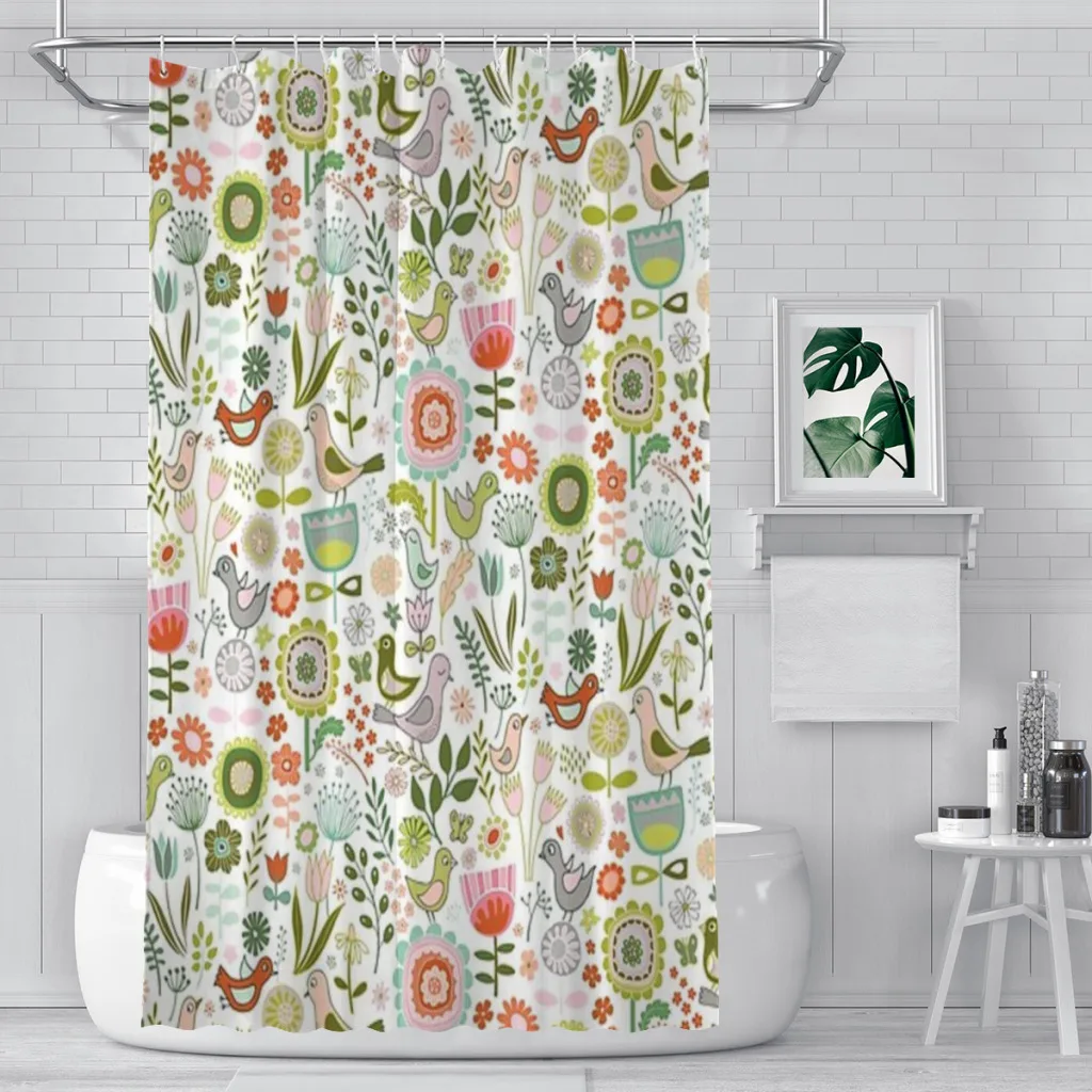 

Birds and Blooms Springtime - Pretty Floral Bird Pattern by Cecca Designs Shower Curtain for Bathroom Aesthetic Room Decoration