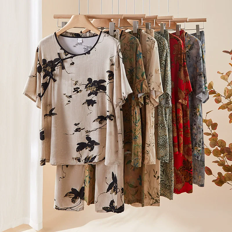 

Floral Women's Home Clothes Sleepwear For Sleeping Summer Short Sleeve Nightwear Woman Pajamas XL-4XL Large Pyjama-Sets