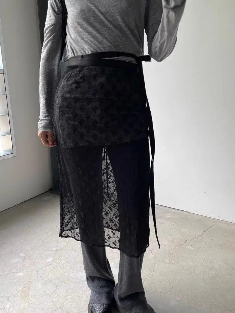 Yedinas Korean Fashion 2024 A-line Lace Up Skirt Women Bottom Lace Floral High Waist All Season Overskirt Collocation Y2k Skirts