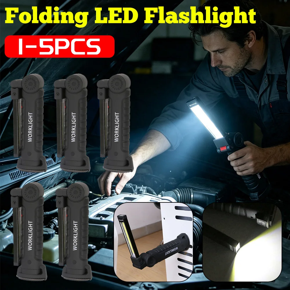 COB LED Handheld Work Light USB Rechargeable Dimmable Flashlight Built-in 18650/14500 Battery Inspection Lamp with Magnet & Hook