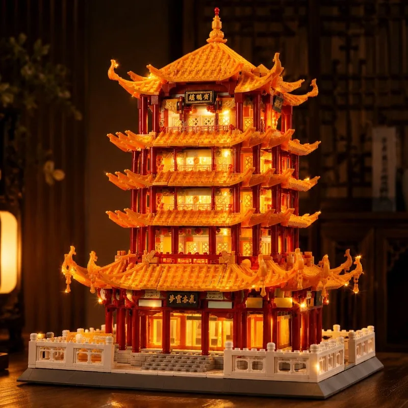 Yellow Crane Tower Micro Building Blocks, LED Chinese Ancient Tower Model, DIY Desktop Gift