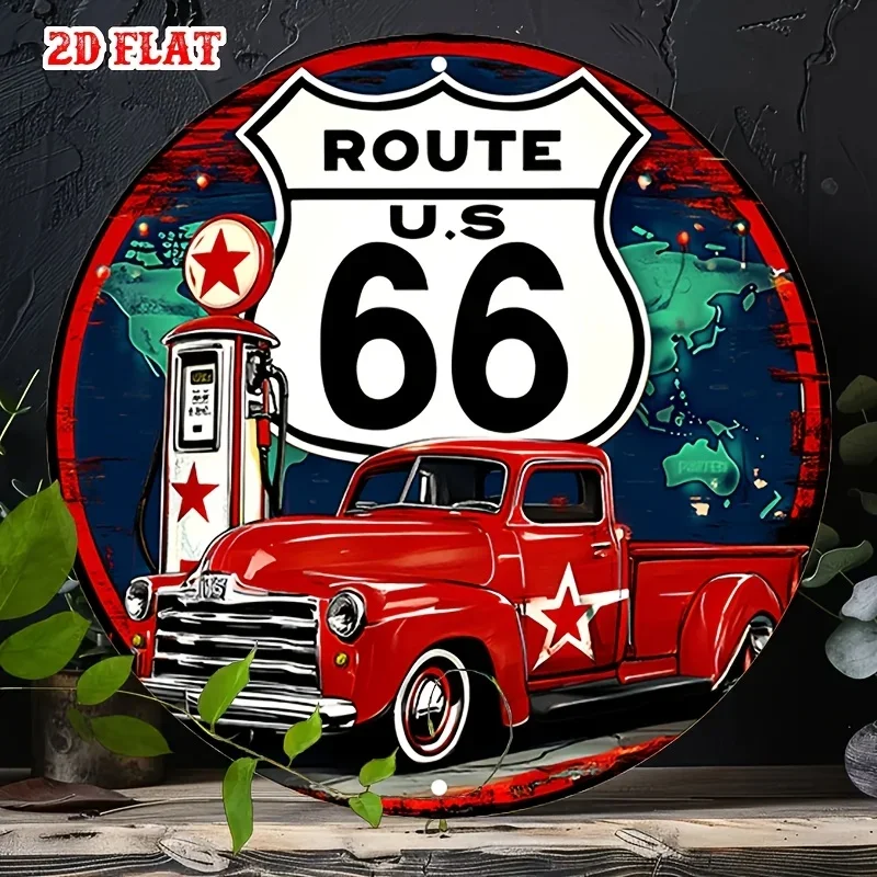 Vintage Route 66 Red Pickup Gas Pump World Map Tin Sign - Vintage Durable Metal Plaque Wall Decor, Garage Road Trip Bar Man Cave
